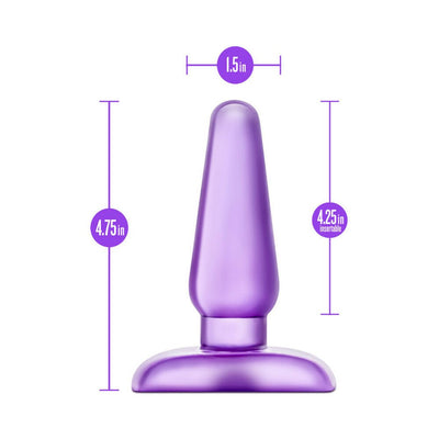 Medium-sized purple tapered anal plug with flared base, measuring 4.75 inches tall and 1.5 inches wide.