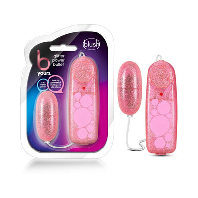 Pink glitter mini bullet vibrator with wired remote control shown in and out of packaging.