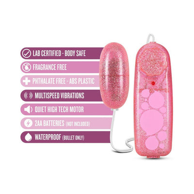Pink glittery bullet vibrator with matching wired remote control and product feature icons on white background.