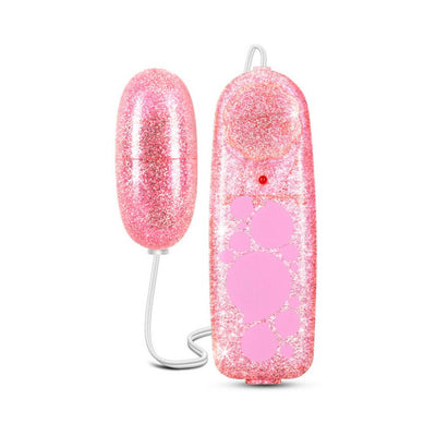Pink glitter mini bullet vibrator with matching glitter remote control and pink buttons.