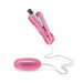 Pink glittery bullet vibrator with wired remote control and visible battery compartment on white background.