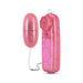 Pink glittery mini bullet vibrator with wired remote control and adjustable dial for speed settings.