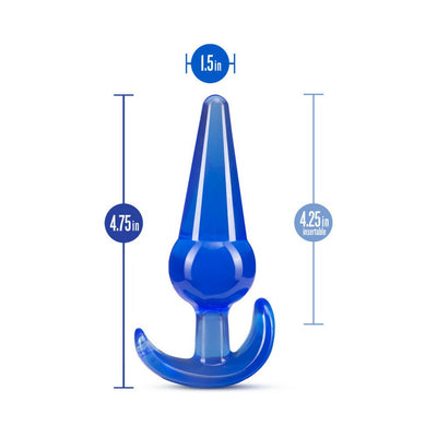 Blue large anal plug with ergonomic base, measuring 4.75 inches long and 1.5 inches wide at the tip.