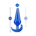 Blue large anal plug with ergonomic base, measuring 4.75 inches long and 1.5 inches wide at the tip.