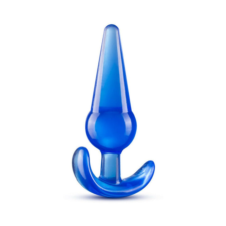 Blue large tapered anal plug with ergonomic curved base for comfort and safety.