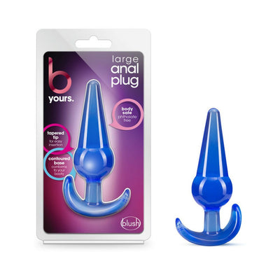 Blue large anal plug with tapered tip and contoured base shown in packaging and separately on white background.