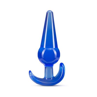 Blue large tapered anal plug with ergonomic curved base, made from smooth body-safe material.