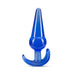 Blue large tapered anal plug with ergonomic curved base, made from smooth body-safe material.