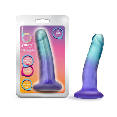 B Yours Morning Dew 5-inch dildo in sapphire gradient with suction cup base shown in packaging and standalone.
