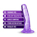 Purple translucent dildo with suction cup base and text highlighting fragrance-free, ultra-soft feel, harness compatibility, and phthalate-free features.