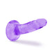 Translucent purple curved dildo with suction cup base for hands-free use and strap-on compatibility.
