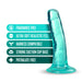Teal translucent dildo with suction cup base highlighting fragrance-free, ultra-soft, harness compatible, and phthalate-free features.