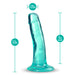 Teal translucent curved dildo with suction cup base, measuring 5.5 inches long and 1.25 inches wide.