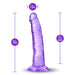 Purple translucent dildo with suction cup base, 7.5 inches long and 1.5 inches wide, designed for G-spot and P-spot stimulation.