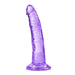 Translucent purple curved dildo with suction cup base for hands-free and harness play.