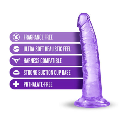 Purple translucent dildo with suction cup base and text highlighting fragrance-free, ultra-soft feel, harness compatible, and phthalate-free features.