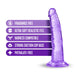 Purple translucent dildo with suction cup base and text highlighting fragrance-free, ultra-soft feel, harness compatible, and phthalate-free features.