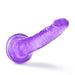 Purple translucent dildo with suction cup base and slight curve for targeted stimulation.
