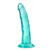Teal translucent curved dildo with suction cup base for hands-free use and G-spot stimulation.
