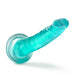 Teal translucent curved dildo with suction cup base for hands-free use and G-spot stimulation.