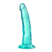 Teal translucent realistic dildo with slight curve and suction cup base for hands-free use.