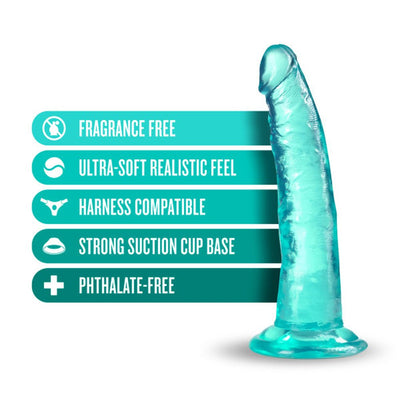 Teal translucent dildo with suction cup base and text highlighting fragrance free, ultra-soft feel, harness compatible, and phthalate-free features.