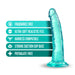 Teal translucent dildo with suction cup base and text highlighting fragrance free, ultra-soft feel, harness compatible, and phthalate-free features.