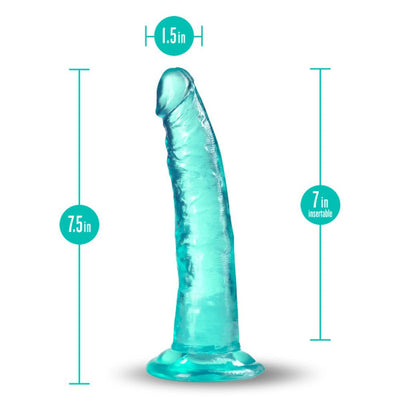 Teal translucent dildo with slight curve and suction cup base, 7.5 inches long and 1.5 inches wide, shown with size dimensions.