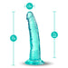 Teal translucent dildo with slight curve and suction cup base, 7.5 inches long and 1.5 inches wide, shown with size dimensions.