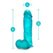 Teal 9-inch realistic dildo with balls and suction cup base, showing dimensions and insertable length.