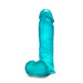 Teal translucent 9-inch realistic dildo with balls and suction cup base standing upright on white background.