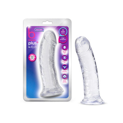 Clear 8-inch B Yours Plus Roar 'n' Ride dildo with suction cup base shown in packaging and standing upright.
