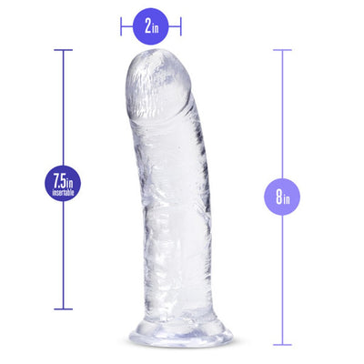 Clear 8-inch realistic dildo with 2-inch width and suction cup base, showing 7.5-inch insertable length.
