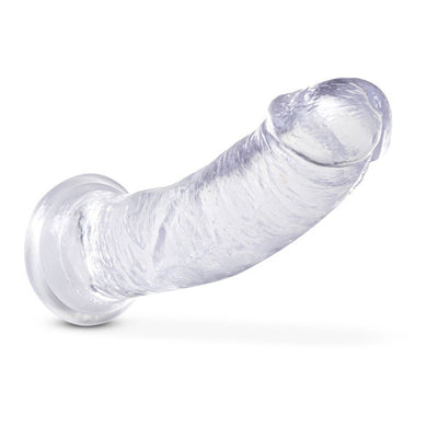 Clear realistic dildo with suction cup base, curved design, and textured surface for versatile use.