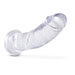 Clear realistic dildo with suction cup base, curved design, and textured surface for versatile use.