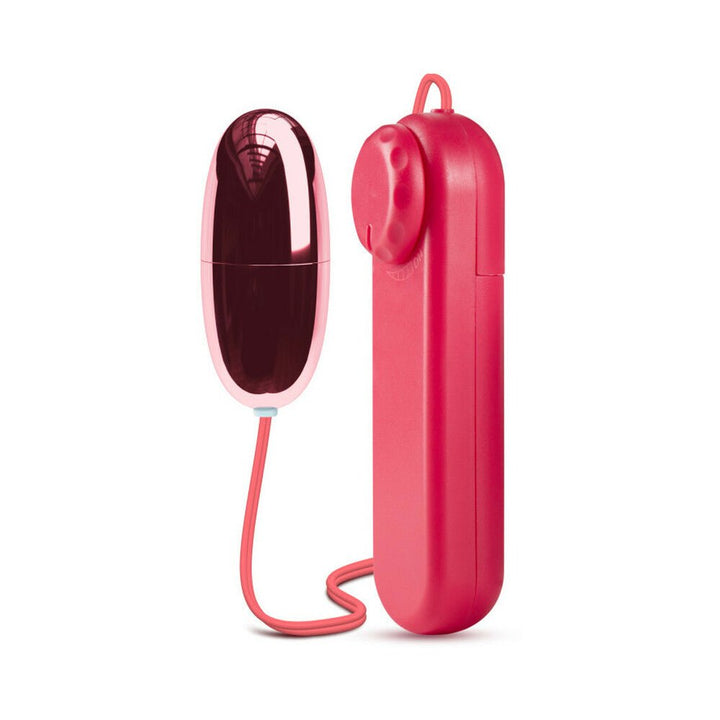 Compact plum-colored power bullet vibrator with wired pink remote control and adjustable dial.