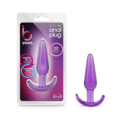 Purple slim tapered anal plug with contoured base displayed next to its packaging labeled body-safe and phthalate-free.
