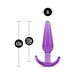 Purple slim tapered anal plug with curved base, measuring 4.25 inches total length and 3.25 inches insertable length.