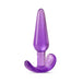 Purple slim tapered anal plug with ergonomic curved base, made from smooth translucent body-safe material.