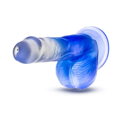 Blue gradient realistic dildo with suction cup base, 6 inches long, made of smooth non-porous material.