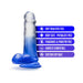 Blue gradient dildo with suction cup base and text highlighting soft feel, body-safe, fragrance-free, harness compatible features.