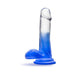 Blue gradient dildo with suction cup base, realistic design, and smooth texture for versatile use.