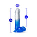 Blue gradient dildo with suction cup base showing 6.5 inch length, 5 inch insertable, and 1.25 inch width measurements.