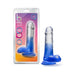 Blue gradient 6-inch realistic dildo with suction cup base next to its colorful retail packaging.