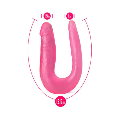 Pink U-shaped double-ended dildo with one 1-inch and one 1.5-inch tip, measuring 12.5 inches total length.