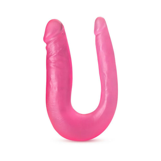 Pink U-shaped double-ended dildo with two different sized heads and realistic detailing.