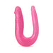 Pink U-shaped double-ended dildo with two different sized heads and realistic detailing.