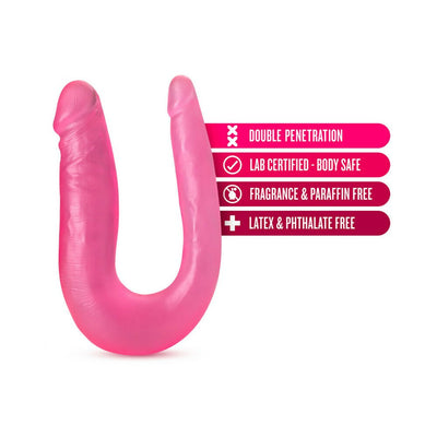 Pink U-shaped double-ended dildo with textured details, highlighting body-safe, fragrance-free, and latex-free features.