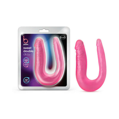 Pink U-shaped double-ended dildo with realistic detailing shown in and out of packaging.