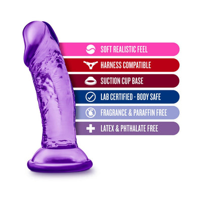 Purple 4-inch realistic dildo with suction cup base and features including soft feel, harness compatibility, and body-safe materials.